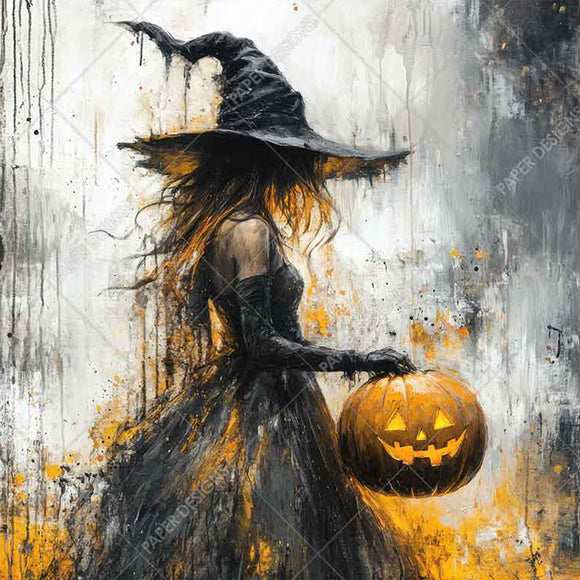 Painting of a witch holding a pumpkin against a textured background