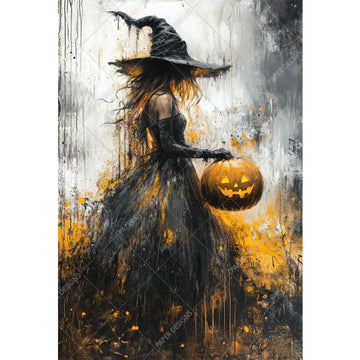 Artistic depiction of a witch holding a jack-o'-lantern against a textured background