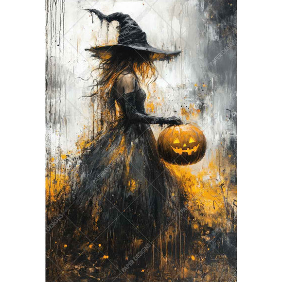 Artistic depiction of a witch holding a jack-o'-lantern against a textured background