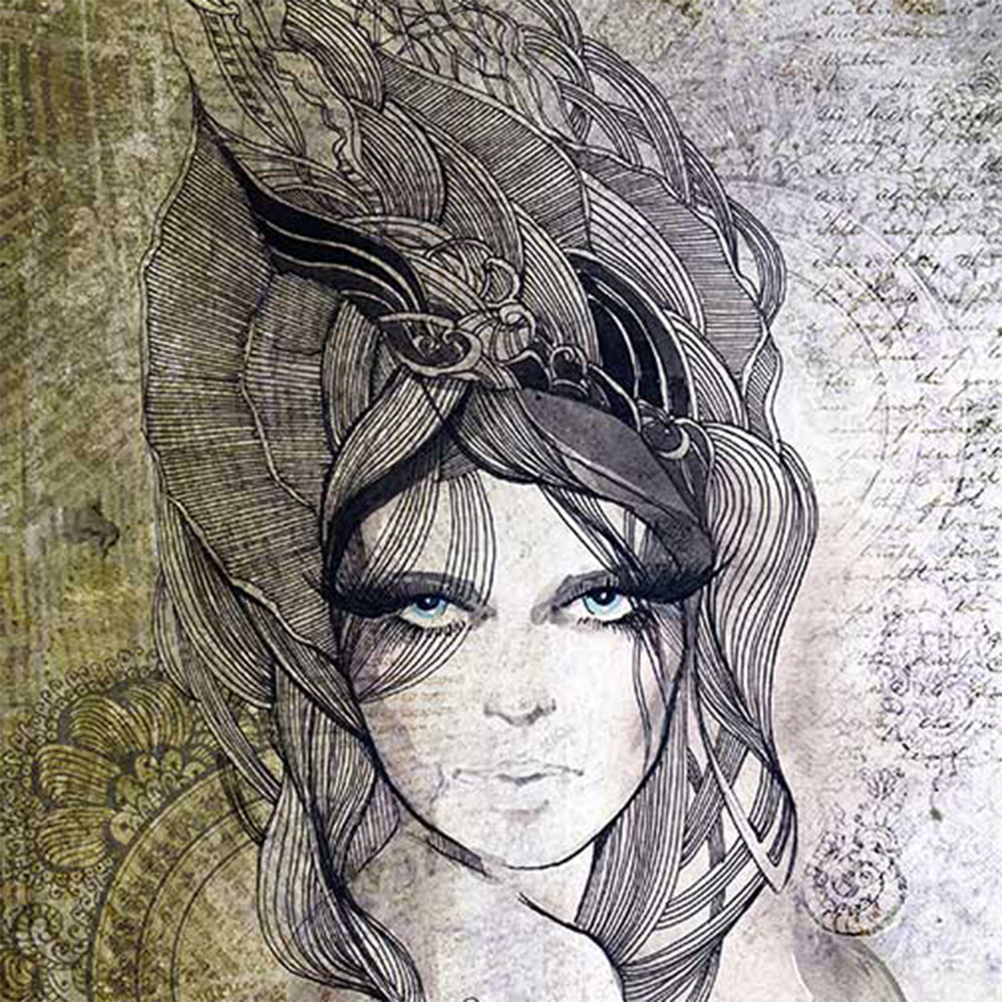 Close-up of a rice paper design featuring a stunning sketch of a woman with a flowing hair piece and a vintage document backdrop. 