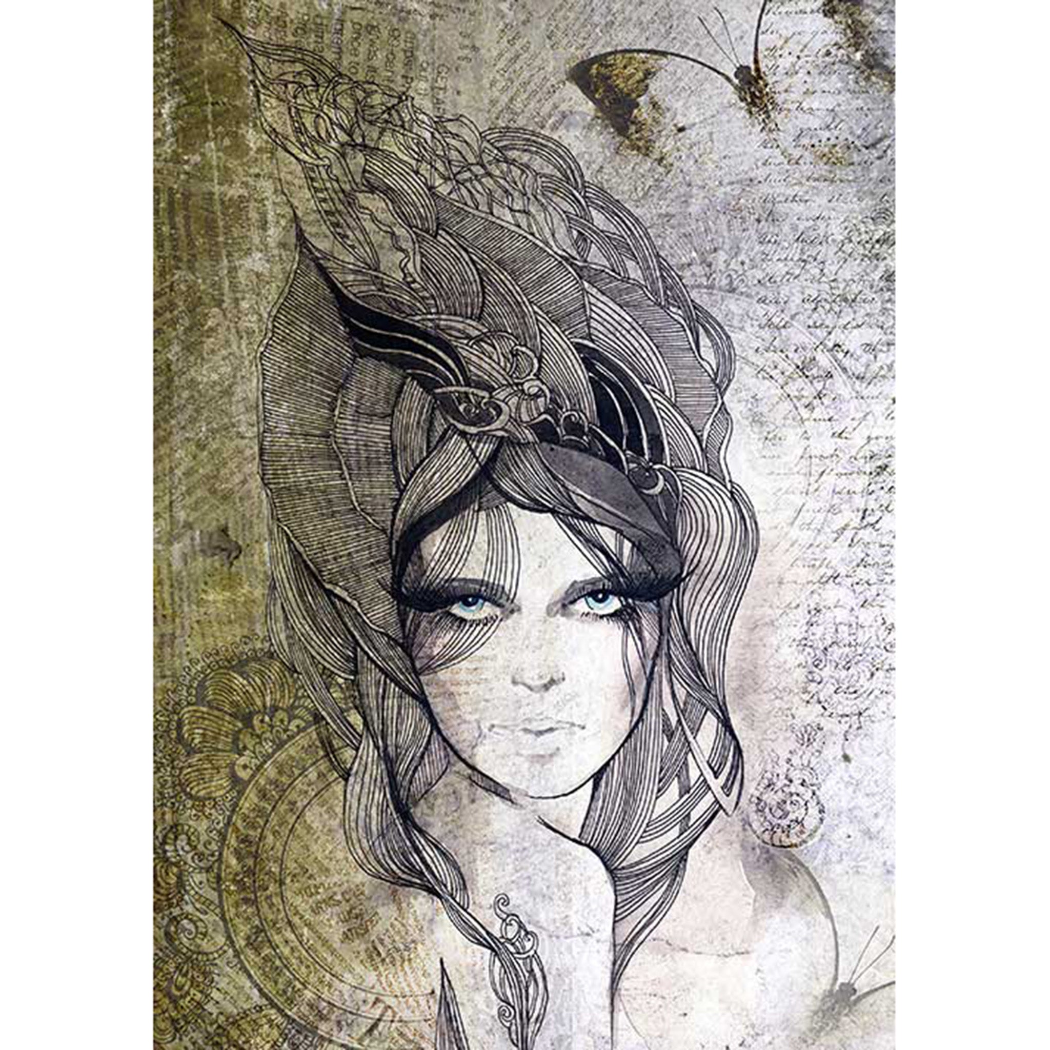 Rice paper design featuring a stunning sketch of a woman with a flowing hair piece and a vintage document backdrop. White borders are on the sides.