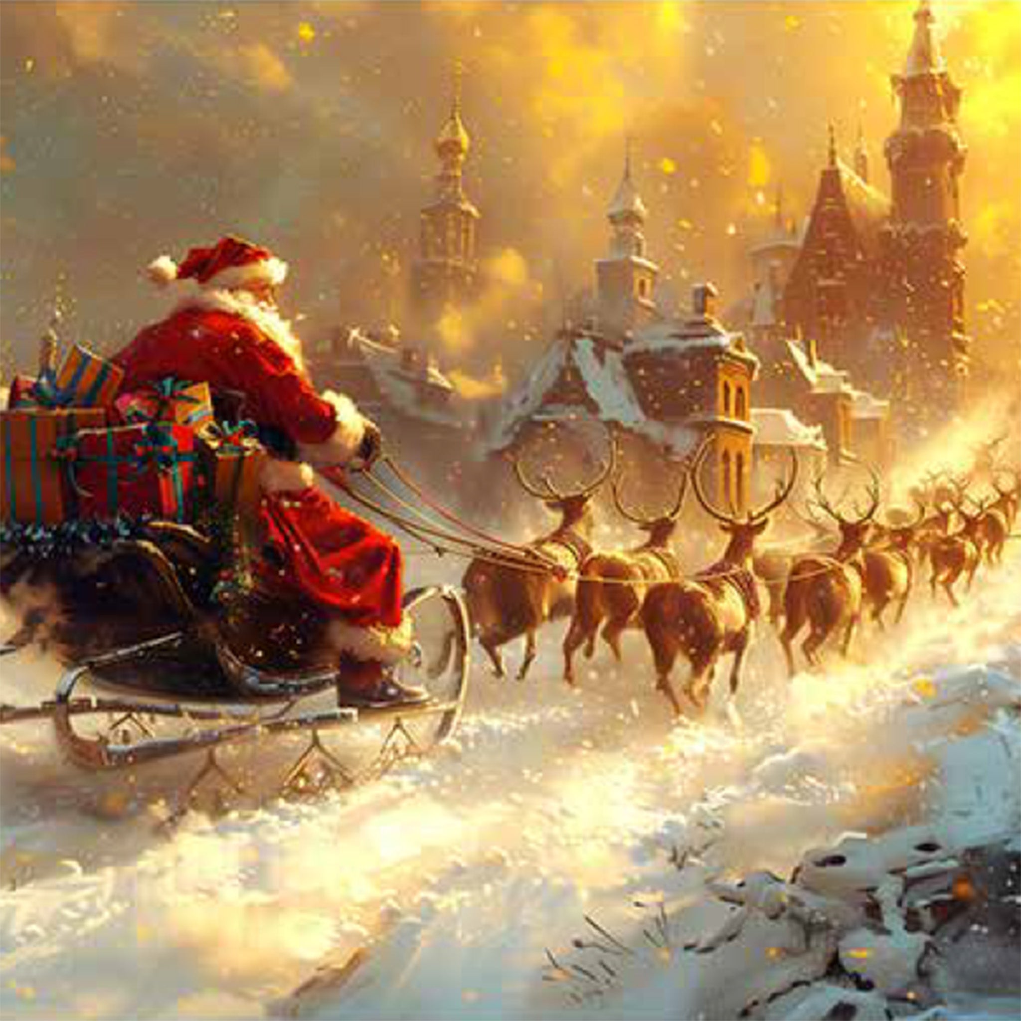 Close-up of a rice paper design featuring Santa on his sleigh riding into a snow covered village with golden sunlight shining. 