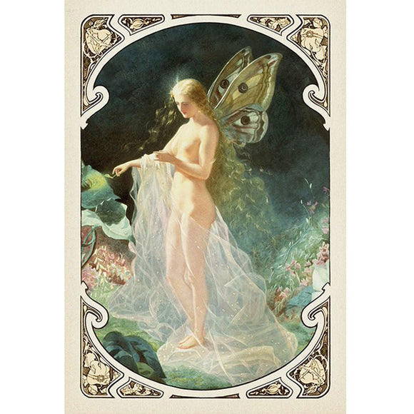 Rice paper featuring a tarot style card of a sunlit naked fairy draped with tulle with brown wings.