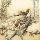 Close-up of a rice paper featuring a vintage sepia-toned drawing of whimsical fairies gliding past an archway.