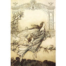 Rice paper featuring a vintage sepia-toned drawing of whimsical fairies gliding past an archway.