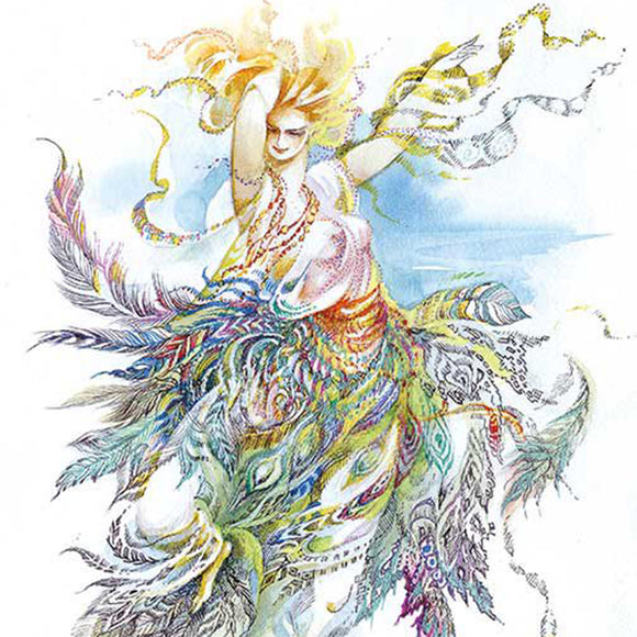 Close-up of a rice paper featuring a fiery-haired dancer twirling in a feathered skirt.