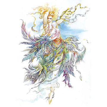 Rice paper featuring a fiery-haired dancer twirling in a feathered skirt.