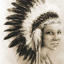 Close-up of a rice paper featuring a stunning sepia image of a Native American woman in a feathered headdress.