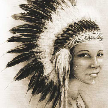 Close-up of a rice paper featuring a stunning sepia image of a Native American woman in a feathered headdress.