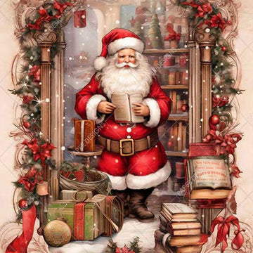 Close-up of a rice paper featuring a jolly Santa surrounded by books and an door frame.