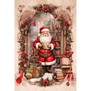 Rice paper featuring a jolly Santa surrounded by books and an door frame.