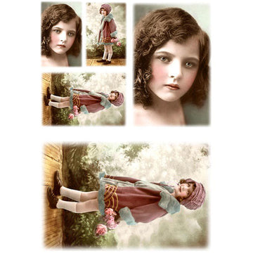 Rice paper featuring 2 repeating portraits of vintage Victorian girls in 5 varying sizes.