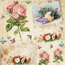 Close-up of a rice paper featuring delicate flowers and fluttering butterflies layered over elegant French script and floral postcards.