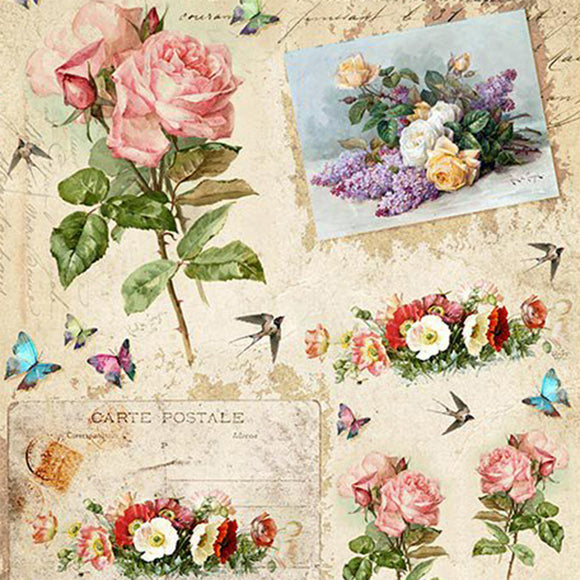 Close-up of a rice paper featuring delicate flowers and fluttering butterflies layered over elegant French script and floral postcards.