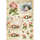 Rice paper featuring delicate flowers and fluttering butterflies layered over elegant French script and floral postcards.