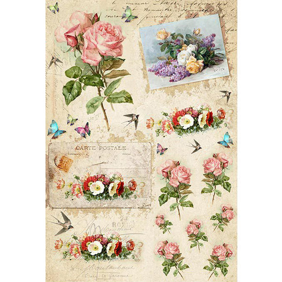 Rice paper featuring delicate flowers and fluttering butterflies layered over elegant French script and floral postcards.