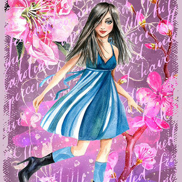 Close-up of a rice paper featuring a colorful drawing of a young trendy woman in a blue dress and black boots against a purple background with script writing and pink flowers.