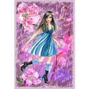 Rice paper featuring a colorful drawing of a young trendy woman in a blue dress and black boots against a purple background with script writing and pink flowers.