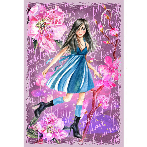 Rice paper featuring a colorful drawing of a young trendy woman in a blue dress and black boots against a purple background with script writing and pink flowers.