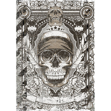 Rice paper design featuring a skull adorned with beautiful flowers and intricate details in black and white. White borders are on the sides.