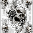 Close-up of a rice paper featuring a striking black and white image of skulls with roses and flourishes against magazine block letters.