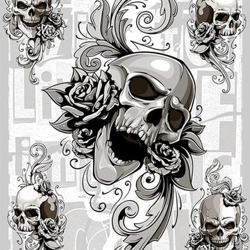 Close-up of a rice paper featuring a striking black and white image of skulls with roses and flourishes against magazine block letters.