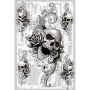 Rice paper featuring a striking black and white image of skulls with roses and flourishes against magazine block letters.
