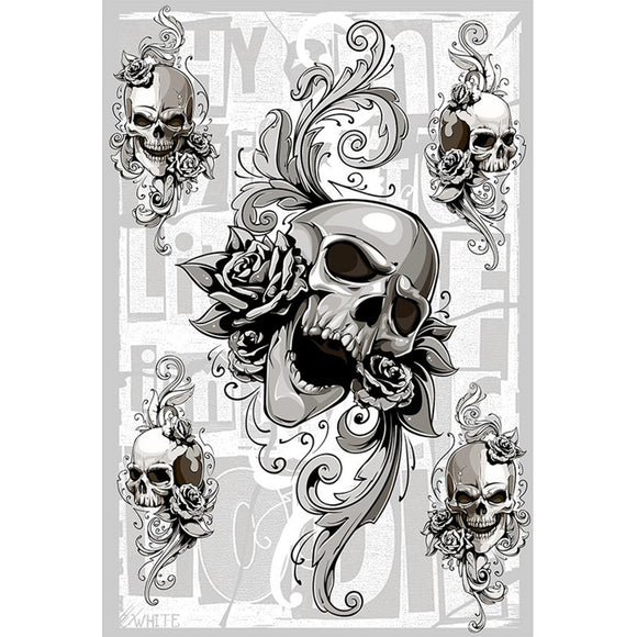 Rice paper featuring a striking black and white image of skulls with roses and flourishes against magazine block letters.