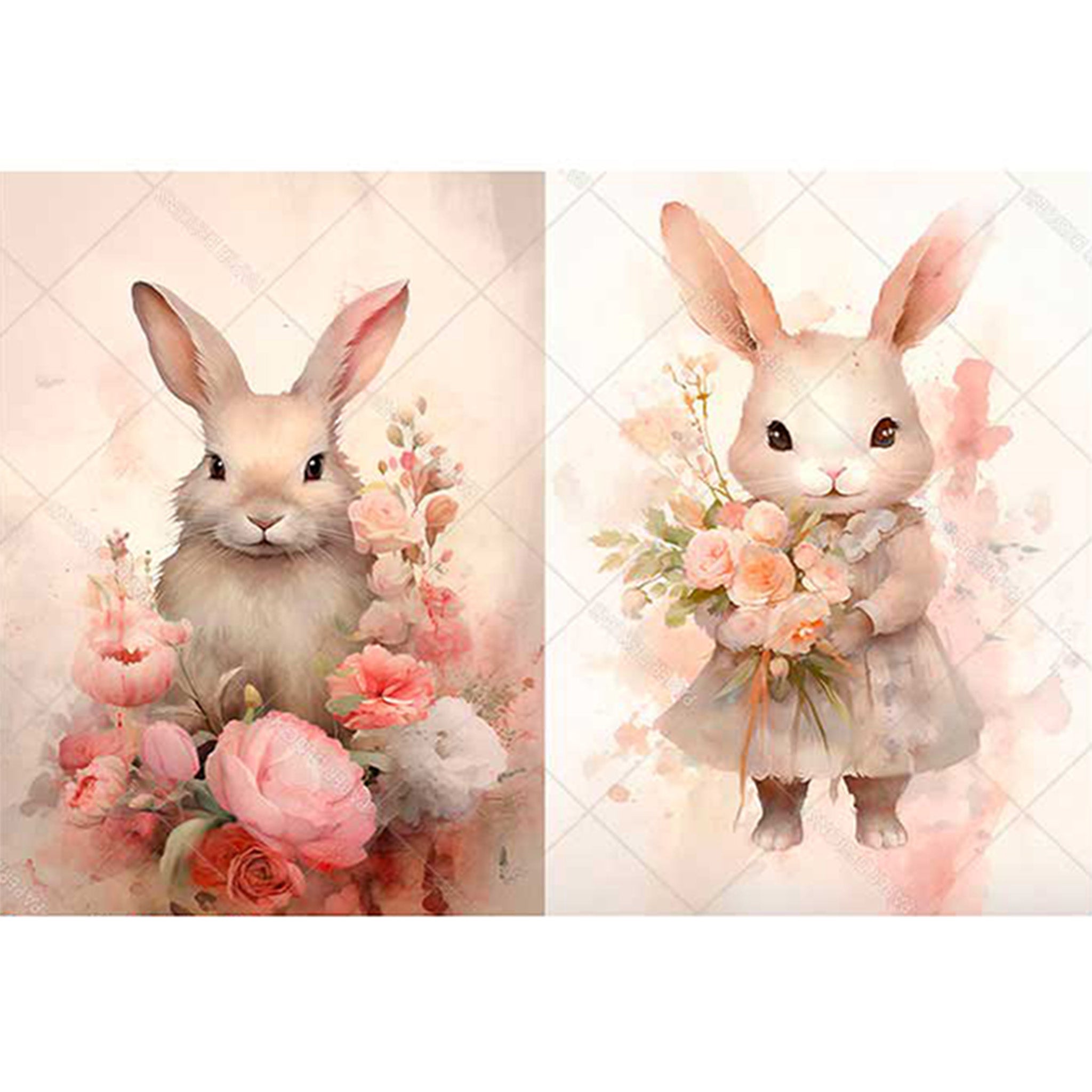 Two Floral Watercolor Bunnies A3 Rice Decoupage Paper