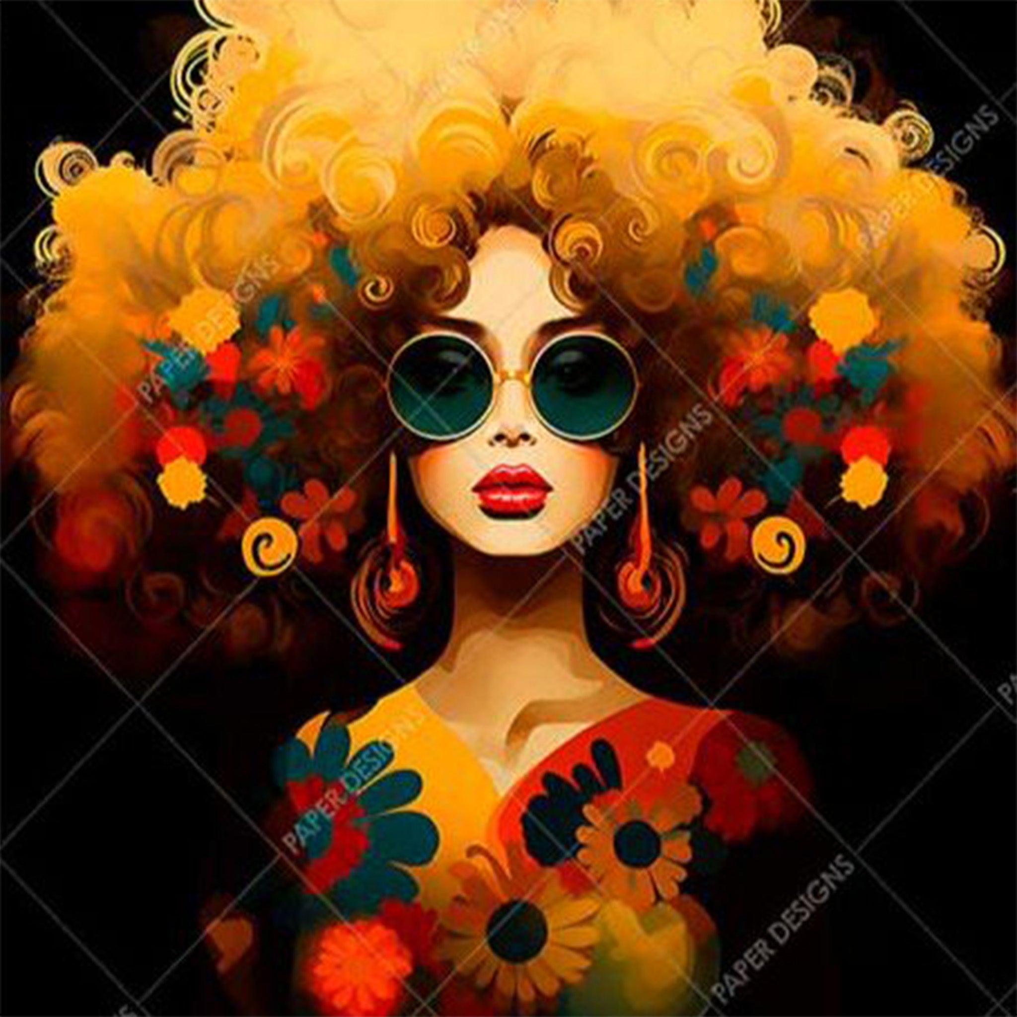 Close-up of a rice paper featuring a fashionable woman with a stunning blonde afro, sunglasses, and a floral dress against a black background.