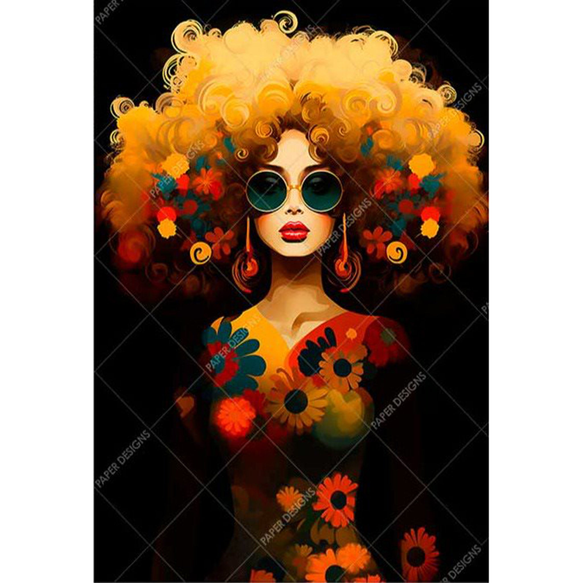 Rice paper featuring a fashionable woman with a stunning blonde afro, sunglasses, and a floral dress against a black background.