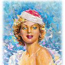 Close-up of a rice paper featuring four charming images in varying sizes of a painting of a beautiful woman in a Santa hat against a vibrant blue backdrop.