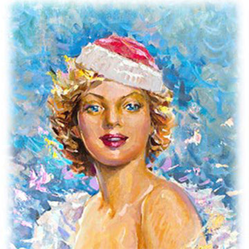 Close-up of a rice paper featuring four charming images in varying sizes of a painting of a beautiful woman in a Santa hat against a vibrant blue backdrop.