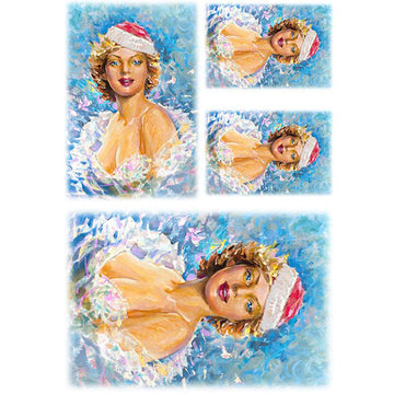 Rice paper featuring four charming images in varying sizes of a painting of a beautiful woman in a Santa hat against a vibrant blue backdrop.