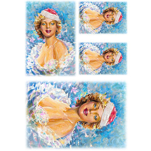 Rice paper featuring four charming images in varying sizes of a painting of a beautiful woman in a Santa hat against a vibrant blue backdrop.