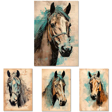 Rice paper featuring four sepia-toned horse portraits with a unique patina teal highlight. 