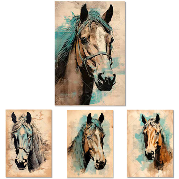 Rice paper featuring four sepia-toned horse portraits with a unique patina teal highlight. 