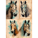 Rice paper featuring four sepia-toned horse portraits with a unique patina teal highlight. 