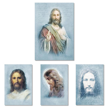 Rice paper featuring 4 portraits of Jesus with faint script writing against a soft blue background.