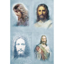 Rice paper featuring 4 portraits of Jesus with faint script writing against a soft blue background.