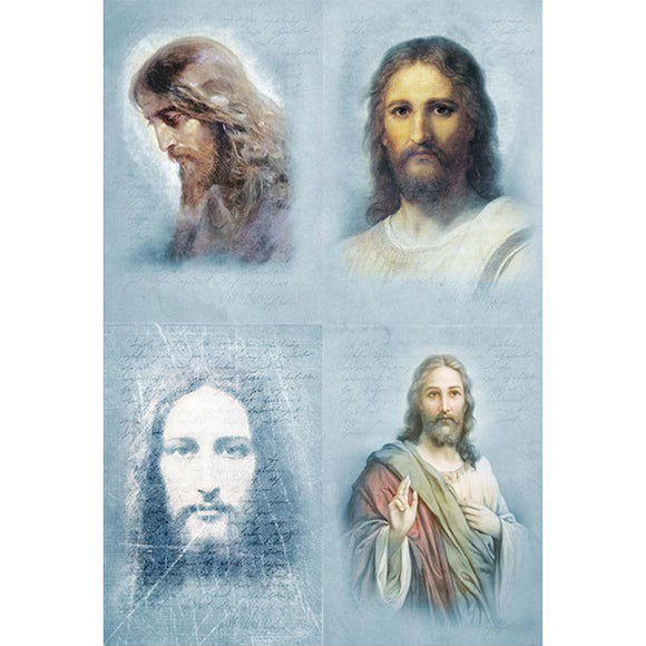 Rice paper featuring 4 portraits of Jesus with faint script writing against a soft blue background.