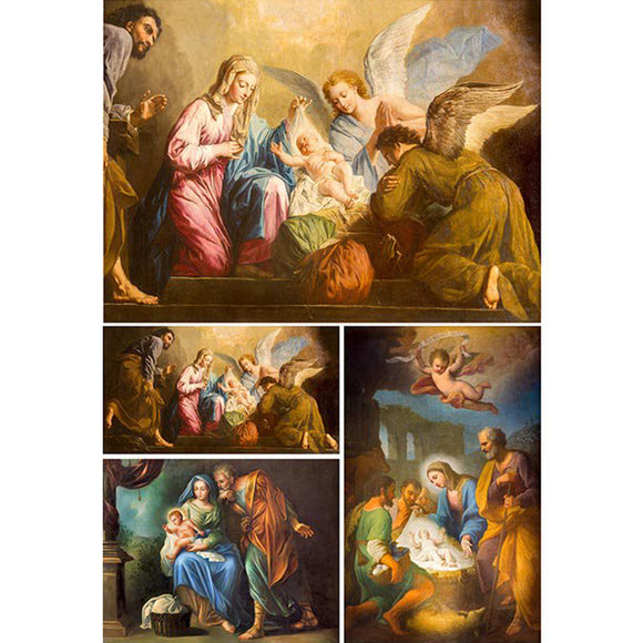 Rice paper featuring 4 varying sizes of charming scenes of Mary, Joseph, and baby Jesus.