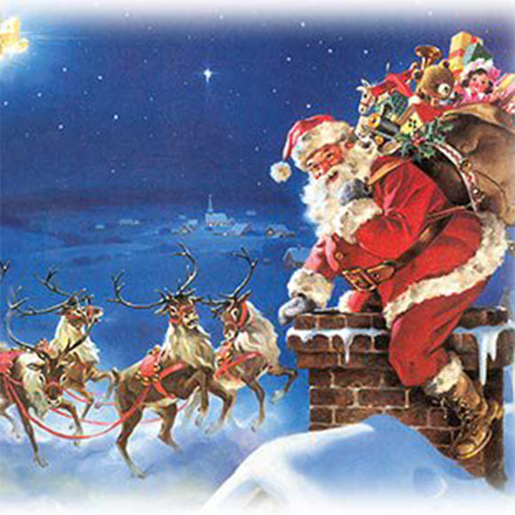 Close-up of a rice paper featuring four playful images of varying size of Santa poised on a rooftop, ready to slide down the chimney with reindeer in the background.