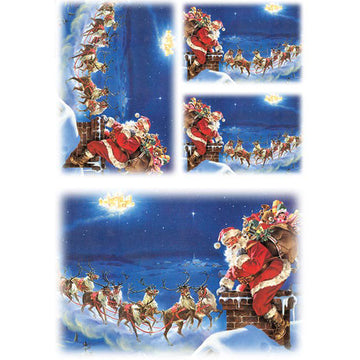 Rice paper featuring four playful images of varying size of Santa poised on a rooftop, ready to slide down the chimney with reindeer in the background.