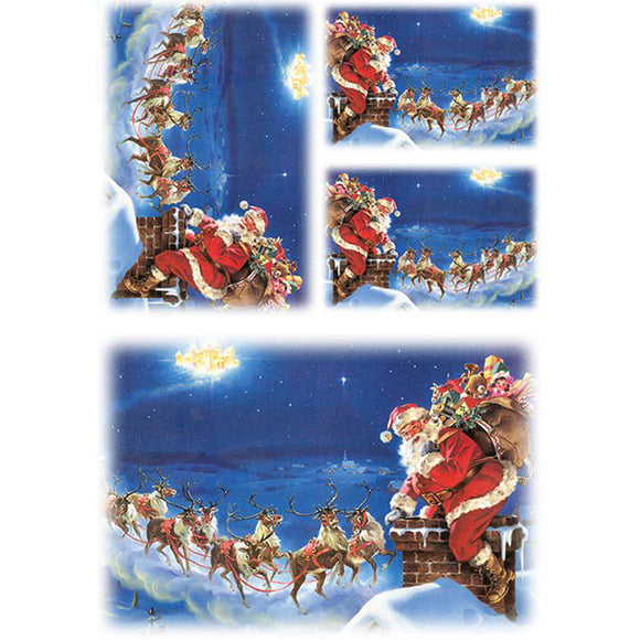 Rice paper featuring four playful images of varying size of Santa poised on a rooftop, ready to slide down the chimney with reindeer in the background.