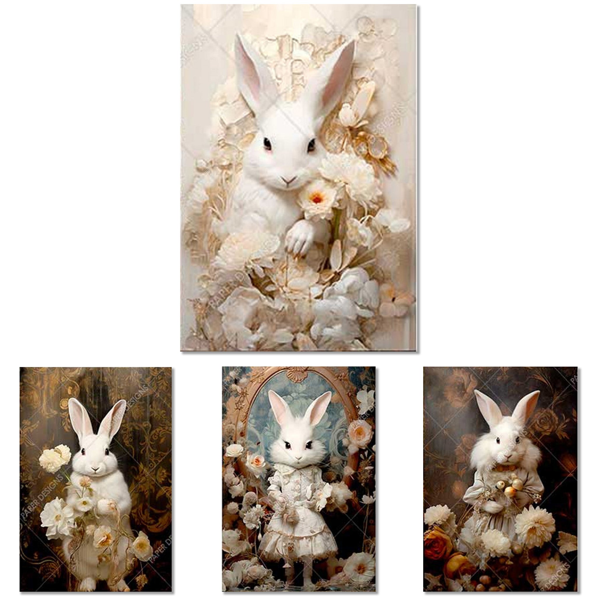 Rice paper designs against a white background feature 4 scenes of white rabbits dressed in vintage clothes surrounded by soft cream colored flowers. White borders are on the sides.