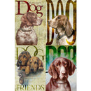 Four rice paper designs that feature vintage documents overlayed with hunting dog portraits and large text that says "Dog".