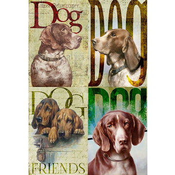 Four rice paper designs that feature vintage documents overlayed with hunting dog portraits and large text that says "Dog".
