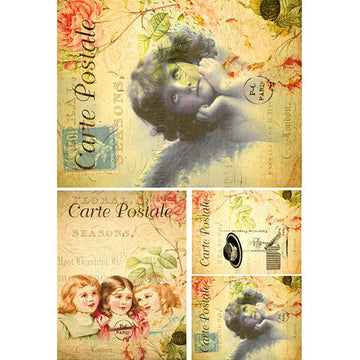 Rice paper featuring yellowed vintage French postcards featuring cherubs and children.