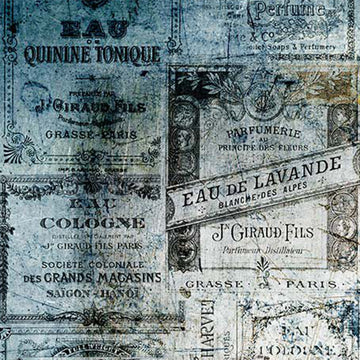 Close-up of a rice paper featuring a playful blue-tinted collage of classic French apothecary labels.